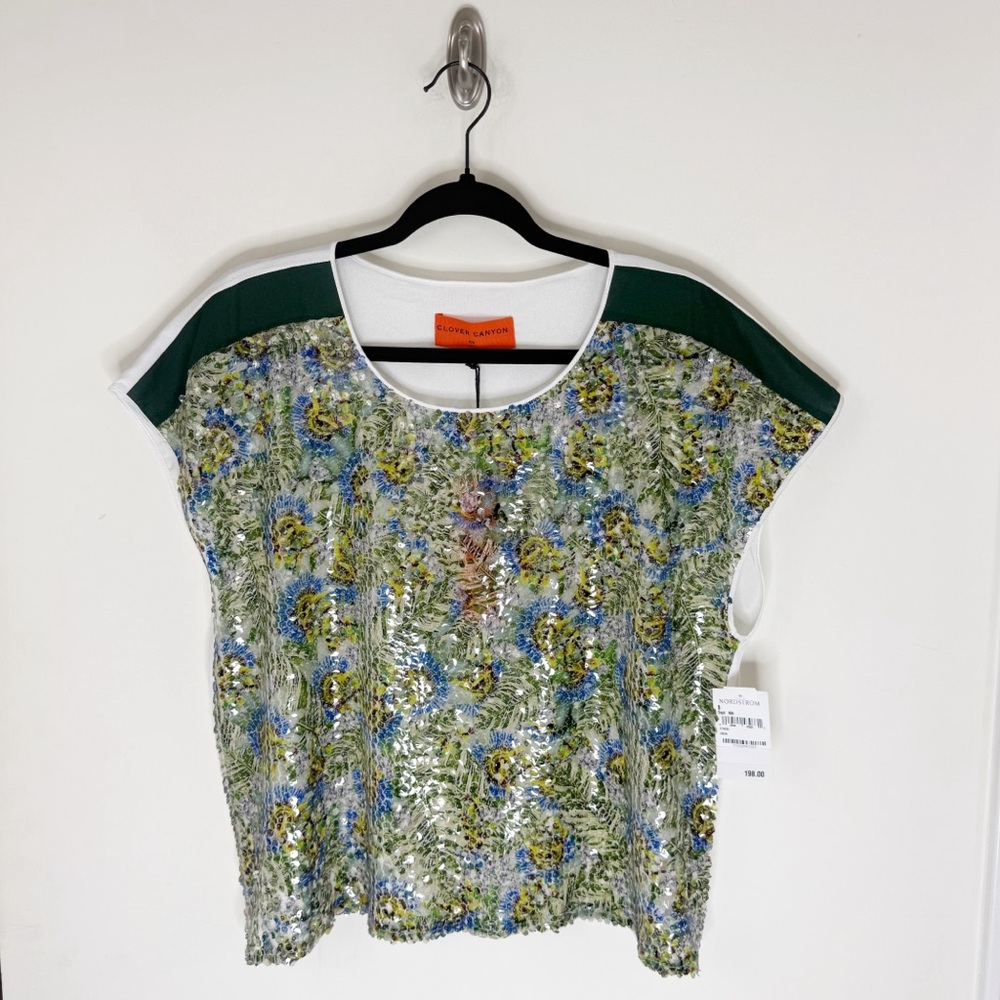 Clove Canyon Cap Sleeve Sequin Embellished Top Size Small Floral Sheer NEW $198